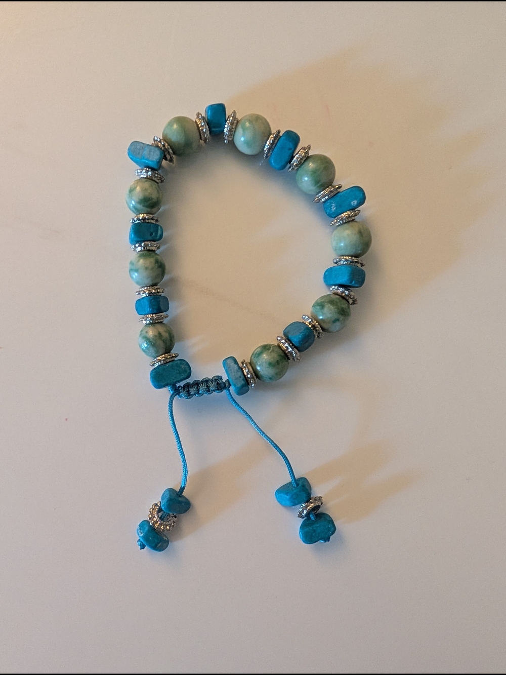 Artisan Beaded Macrame Pull Tie Adjustable Bracelet Turquoise Green Jasper Stone